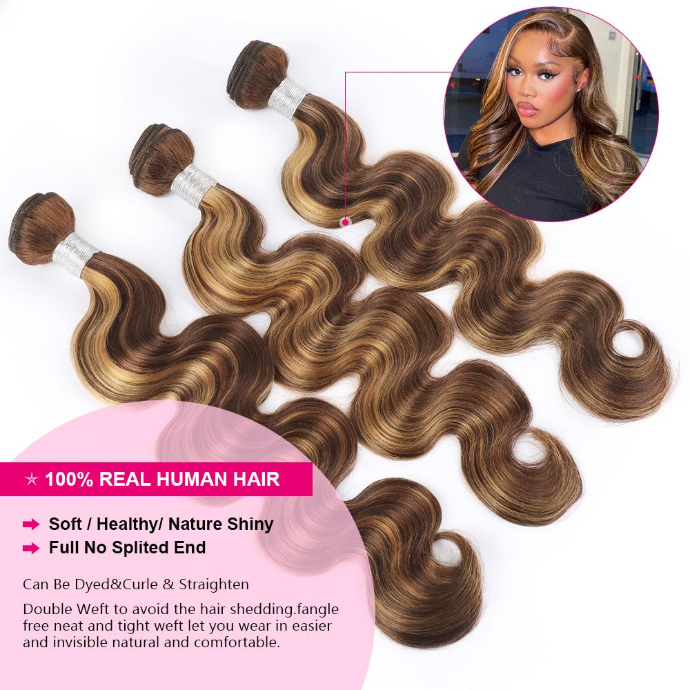 Ishow Bone Straight Hair Bundles/Body Wave Human Hair Bundles P4 27 Highlight Hair Bundles 30Inch Quick Weave Extensions 4*4/2*6Lace Closure With Human Hair 95-100G/Bundle #Summervibes