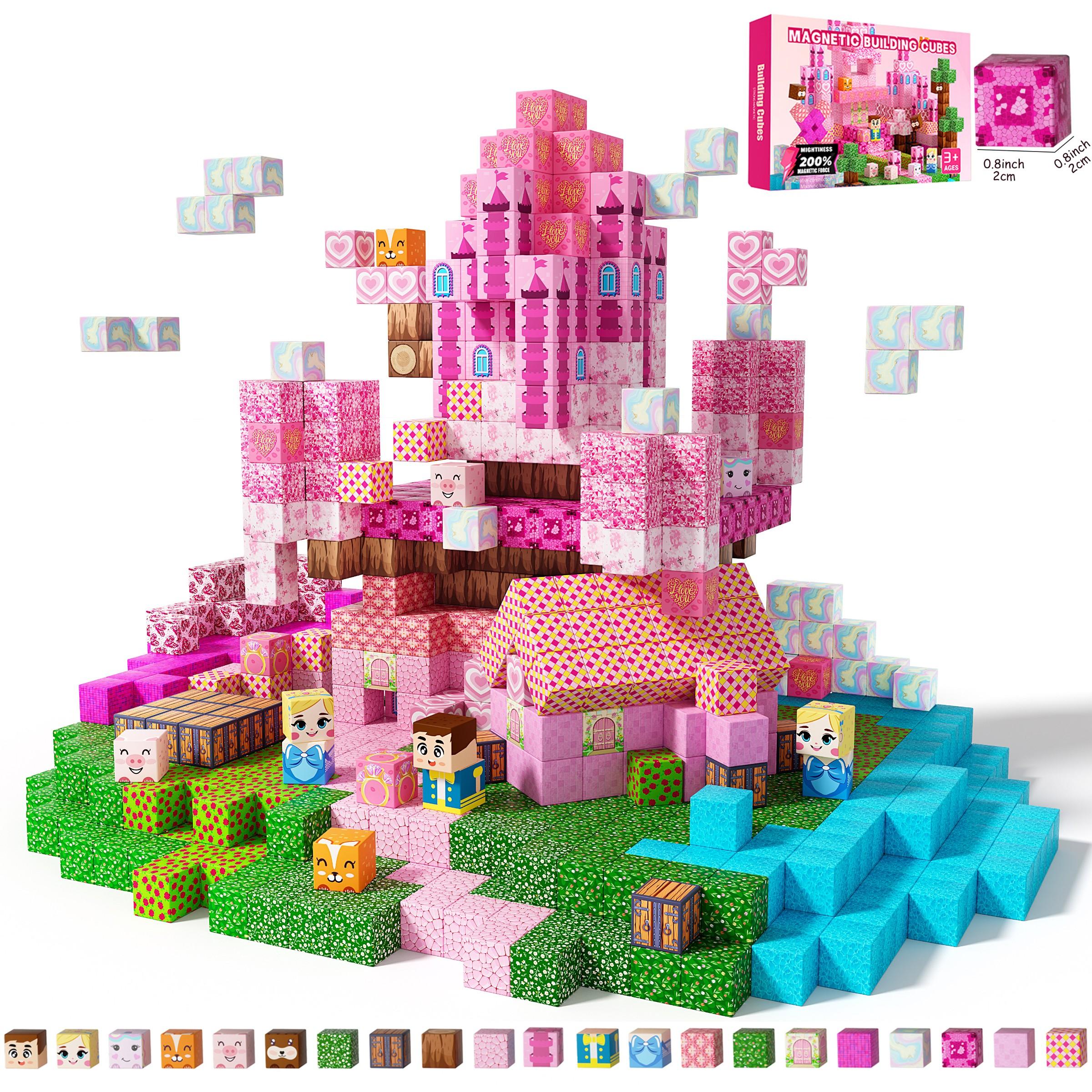 Magnetic Blocks 100/150/200 PCS - Large Magnetic Building Blocks for Kids Ages 3-8, Pink Princess Castle Magnetic Tiles Set, STEM Montessori Sensory Toys, Magnetic Cubes for Spatial Thinking, Creative Educational Gift for Boys & Girls