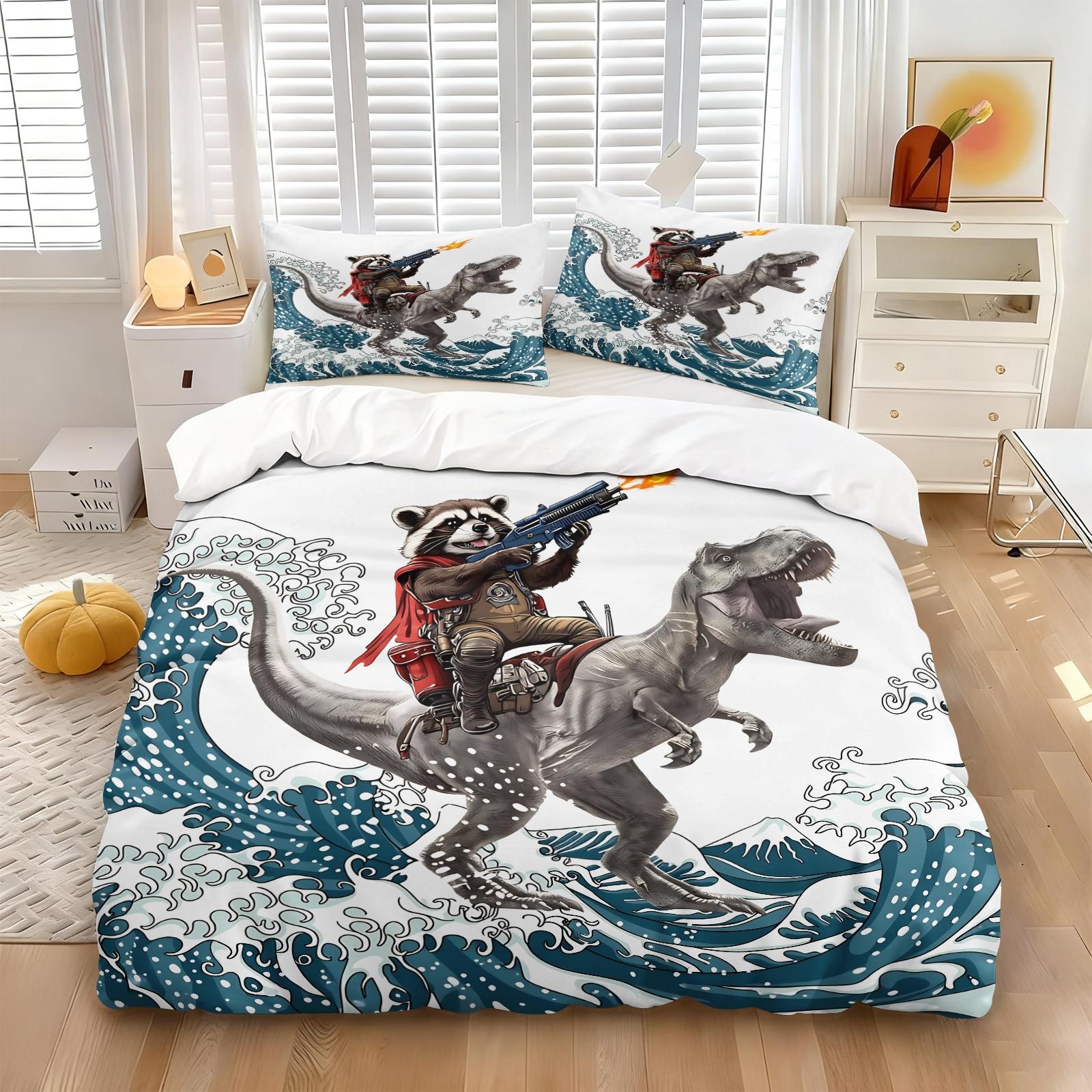 3Pcs Raccoon Dinosaur Duvet Cover Set, 1 Duvet Cover + 1/2 Pillowcases, 3D Cartoon Animal Bedding for Kids, Soft Microfiber Japanese Wave Print Bed Set, Perfect Gift for Dinosaur & Raccoon Lovers