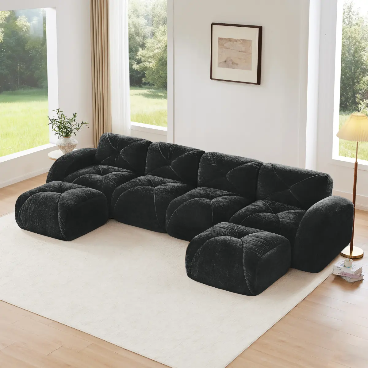 U-Shaped Sectional Couch, Black Velvet Modular Sofa with Movable Ottomans, Tufted Seat, 32D High-Density Foam, No Assembly Required, Anti-Slip Design for Living Room, Small Space Oversized Boneless Cloud Upholstered Sofa