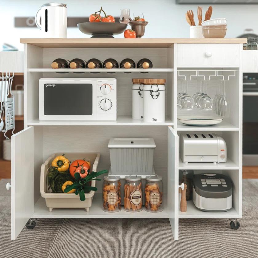 【Drop-Leaf & Drawer】 IRONCK Rolling Kitchen Island Serving Cart on Wheels with Wine Rack, Microwave Rack, Drawer, Shelves, Spice Rack & Cup Hangers for Kitchen Use