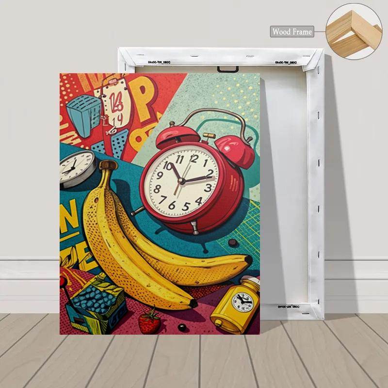 1pc Cute Banana Clock Canvas Art Print, Unframed Wall Decor for Kitchen Living Room Bedroom Office, Cartoon Style High-Quality Poster