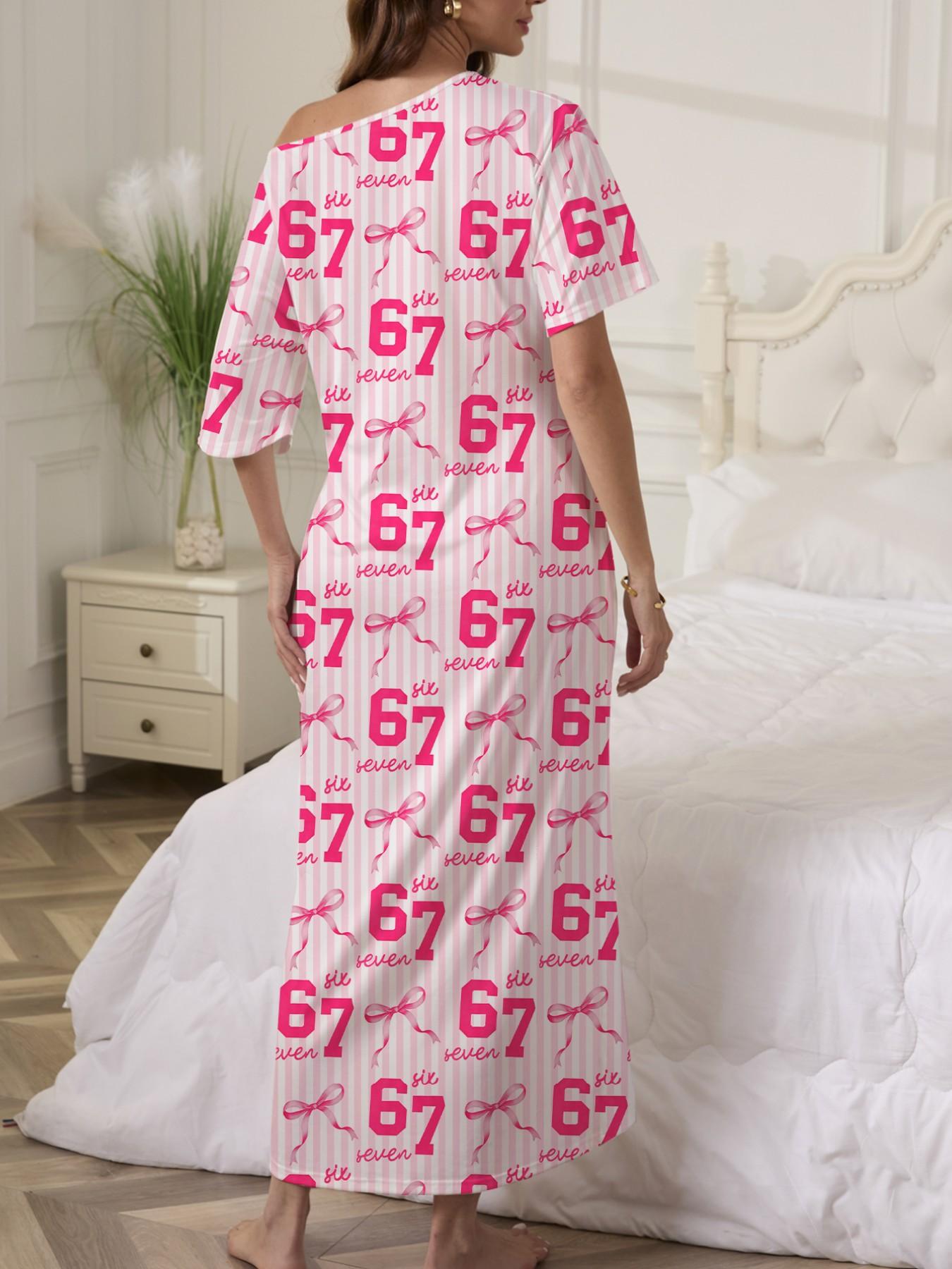 Butterfly Number Print Nightgown, Women's Casual Loose-Fit Short Sleeve Robe, Comfortable Holiday Party Sleepwear, Side Pockets, All Seasons