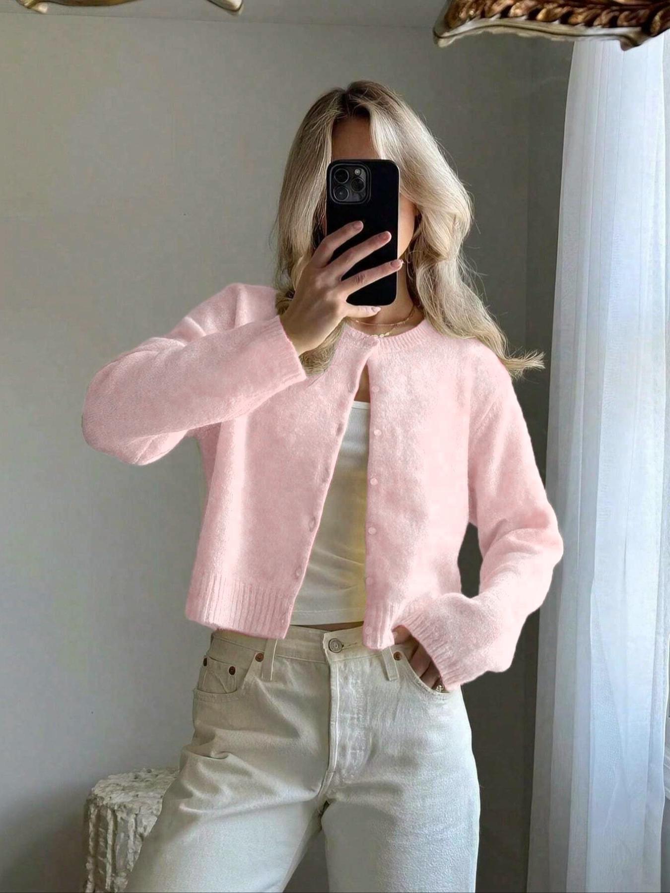 Women's Solid Color Button Front Cardigan, Casual Long Sleeve Knitwear for Spring & Fall, Fashion Women's Knit Clothing for Daily Wear