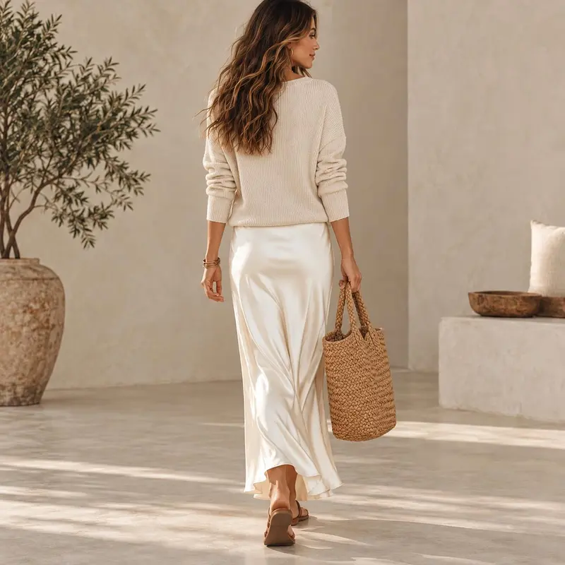 Create an effortlessly elegant look with this women’s 2 piece sweater dress set, featuring a soft V-neck knit pullover and a silky satin slip maxi dress.The relaxed sweater adds cozy texture and easy layering, while the smooth satin dress drapes beautifu