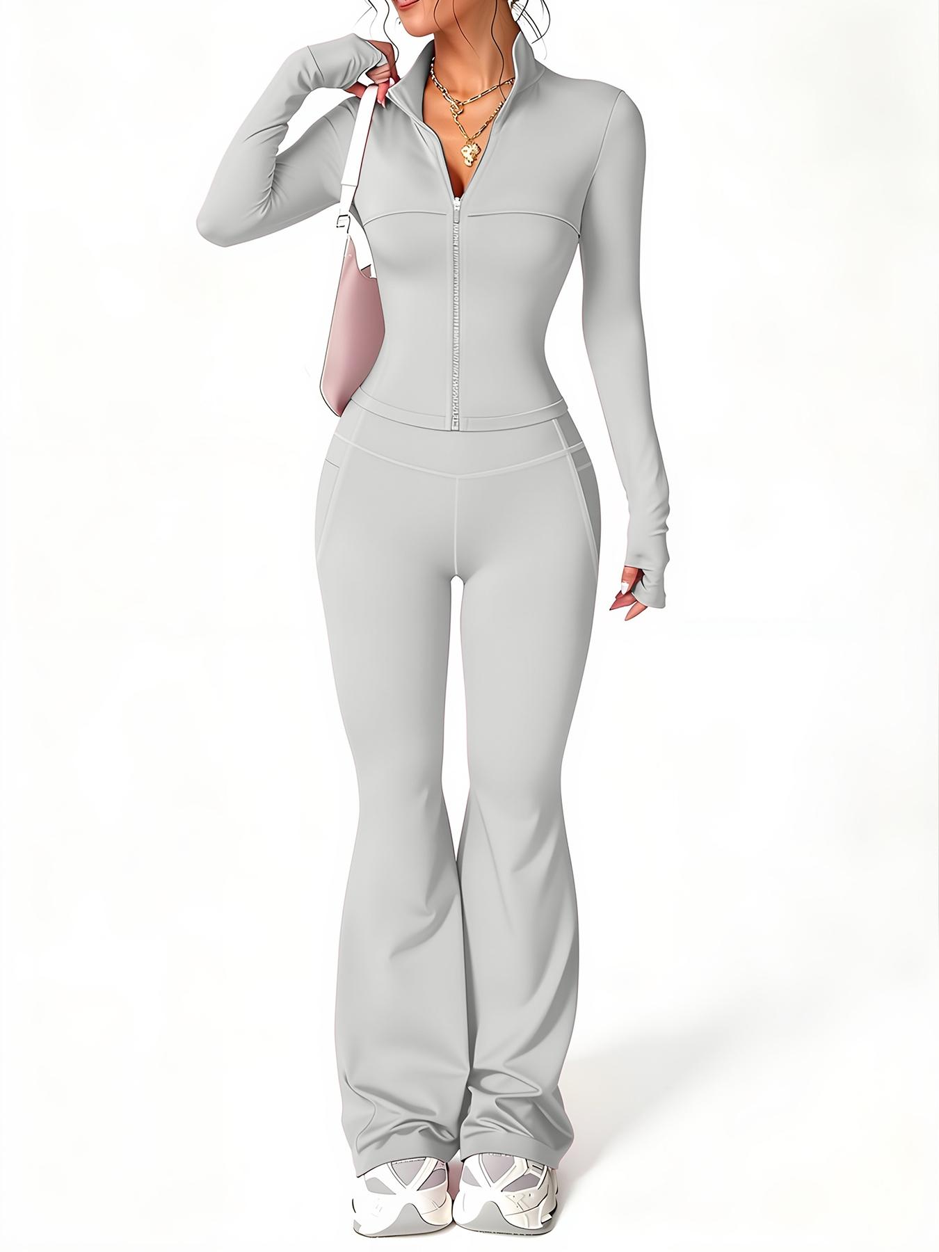 Women's Fashion Two-Piece Set, Slim Fit Long Sleeve Thumb Hole Cuffs, Zipper Front Jacket Style, Elastic Flare Pants, Daily Wear Womenswear