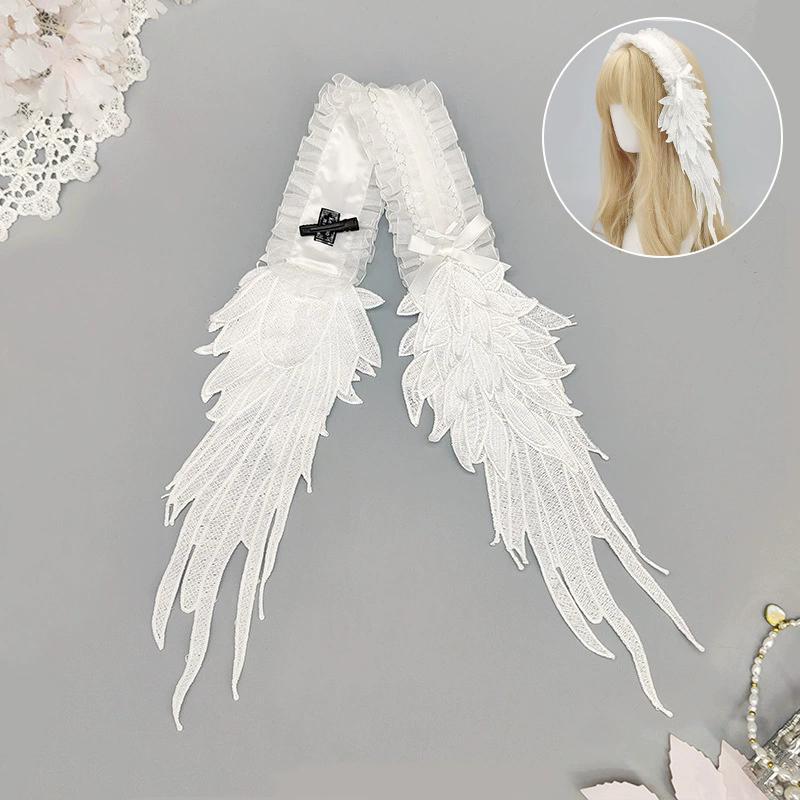 Dark Gothic Lolita Harajuku Hairband Angel Feather Wings Lace Trimmed Headpiece Black& white Lolita Wing Hair Accessories