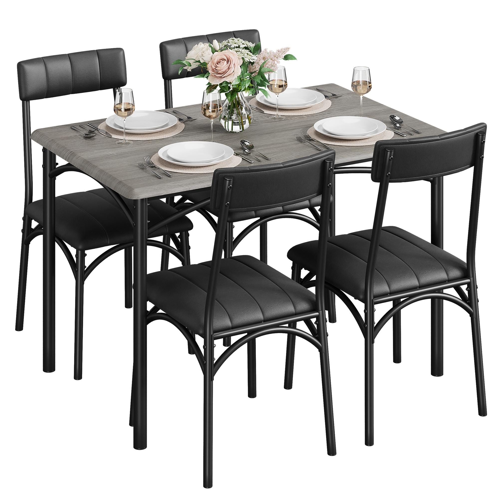 Dining Table Set for 4, Kitchen Table and Chairs, Metal and Wood Rectangular Dining Room Table Set with 4 Upholstered Chairs, 5 Piece Dining Set for Small Space, Apartment, Rustic Brown,Black,Grey Furniture Modern Home