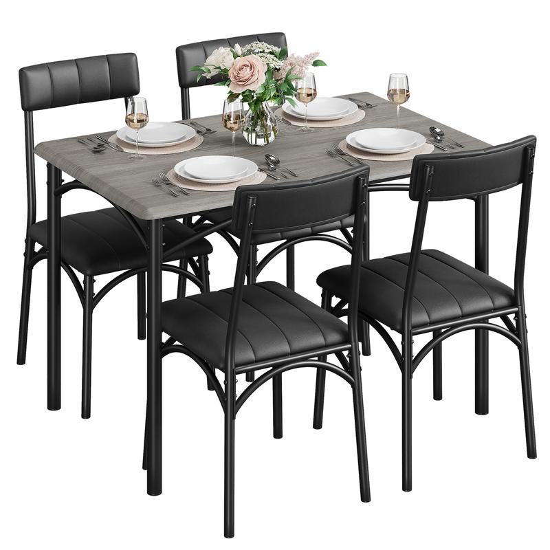 Dining Table Set for 4, Kitchen Table and Chairs, Metal and Wood Rectangular Dining Room Table Set with 4 Upholstered Chairs, 5 Piece Dining Set for Small Space, Apartment, Rustic Brown,Black,Grey Furniture Modern Home
