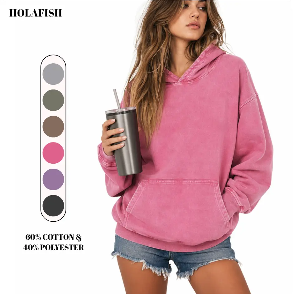 Holafish Women's Cotton Blend Oversized Acid Wash Hoodie Pullover Blend Sweatshirt With Kangaroo Pocket Long Sleeve Winter Top For Work Pink Crop Sohochic