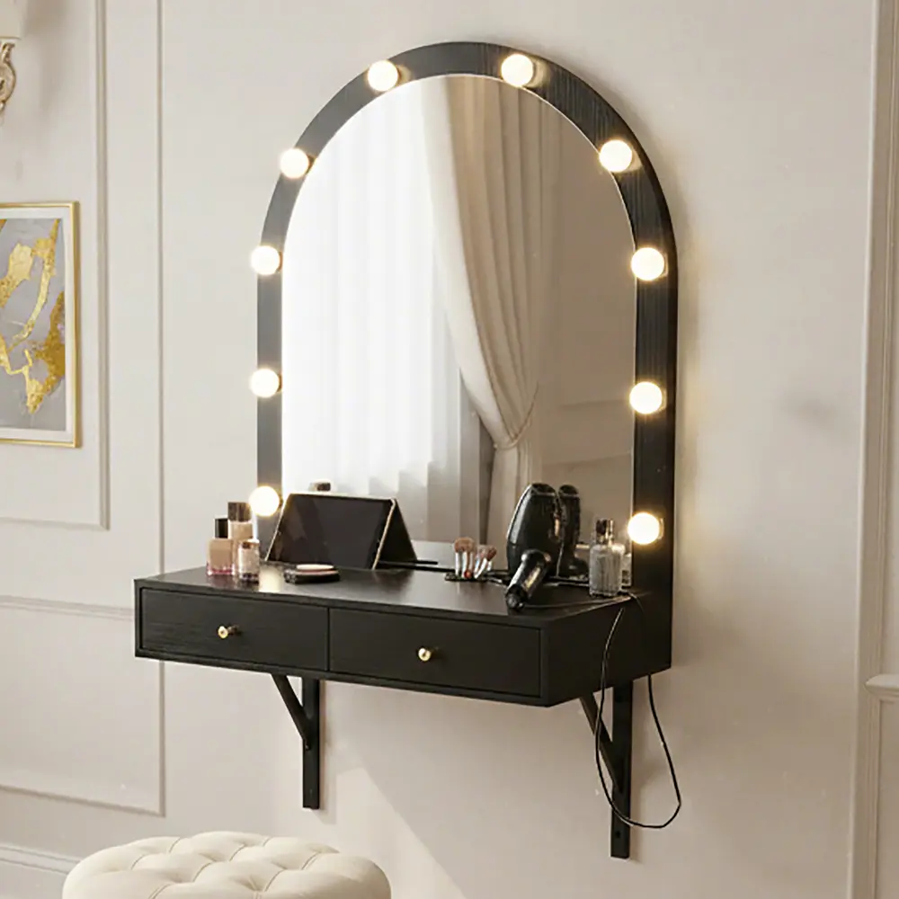 Floating Wall Mounted Vanity Desk with LED Mirror, 3 Color Adjustable Lights Makeup Dressing Table with Power Outlet & USB Charging Station, Space Saving Foldable Floating Vanity with Large Storage Cabinet, Modern Bedroom Bathroom Makeup Station, Black