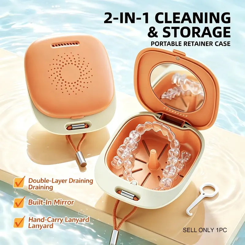 Cute dopamine style retainer case built in mirror, compact and portable. Great for storing invisible braces, orthodontic appliances and dentures. Easy to carry for travel and daily use.