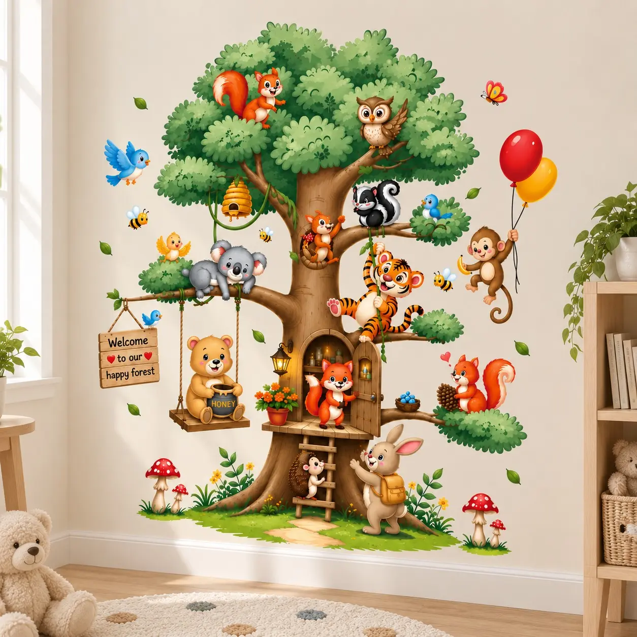 Happy Forest Tree Decorative Wall Sticker Kids Room 3D Woodland Animal Nursery Decor Bear Fox Rabbit Owl Tiger Monkey Bunny Treehouse Wall Decals Peel and Stick Baby Bedroom Playroom Wall Art