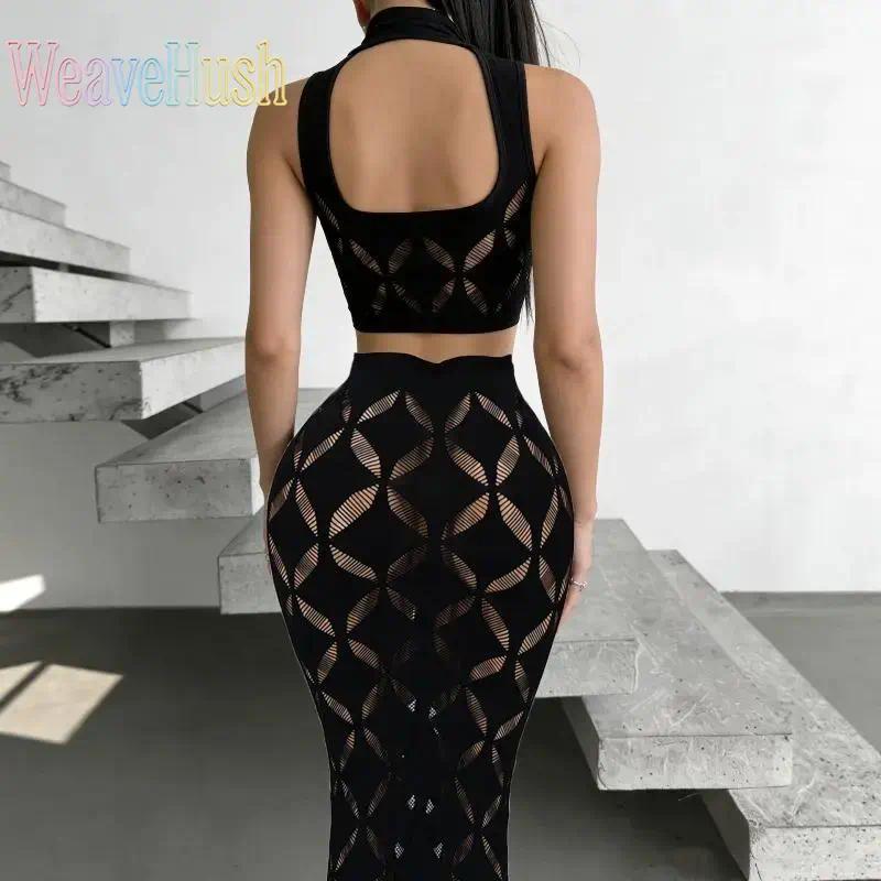 Women's 2026 Hollow Thick-Knit 2-Piece Clothes Set, Turtleneck Top & Wrap-Hem Mini Dress, Night-Out Wear for Club & Date Nights