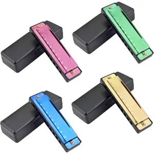 4PCS Key of C 10 Hole 10 Tones Titanium Color Harmonica with Case for Beginner Students Kids(Gold, Purple, Green, Blue)