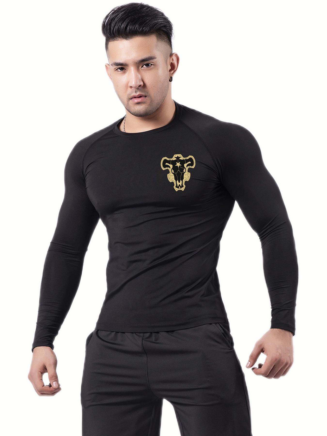 Men's Regular Fit Bullhead Print Raglan Sleeve Tee, Casual Sporty Round Neck Long Sleeve T-shirt for Spring & Fall, Men's Top for Daily Wear Athletic Sports Clothing