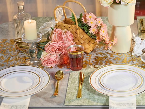 Kerilyn 350/700 Pcs Plastic Plates Disposable Silverware and cups, Disposable Party Plates for 50 Guests, Include: 100 Plastic Plates, 50 Pre Rolled Napkins with Gold Silverware, 50 Cups Kerilyn 350/700 Pcs Plastic Plates Disposable Silverware and cups, Disposable Party Plates for 50 Guests, Include: 100 Plastic Plates, 50 Pre Rolled Napkins with Gold Silverware, 50 Cups