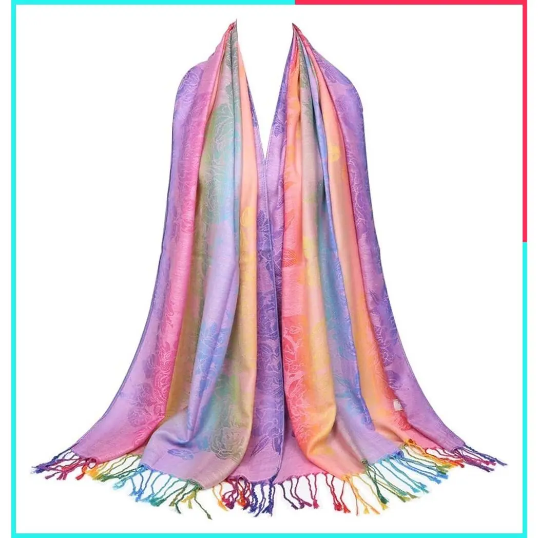 Women's Colorful Floral Jacquard Cotton Pashmina Wrap Shawl with Tassels Scarf