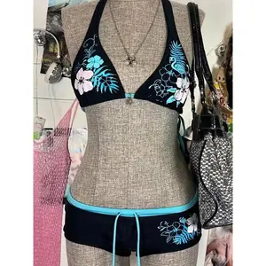 Vintage Flower Print Cutie Set Bikini 2000s Swimsuit Sexy Women Bathing Fashion Halter Strap Swimwear High Street Beach Female