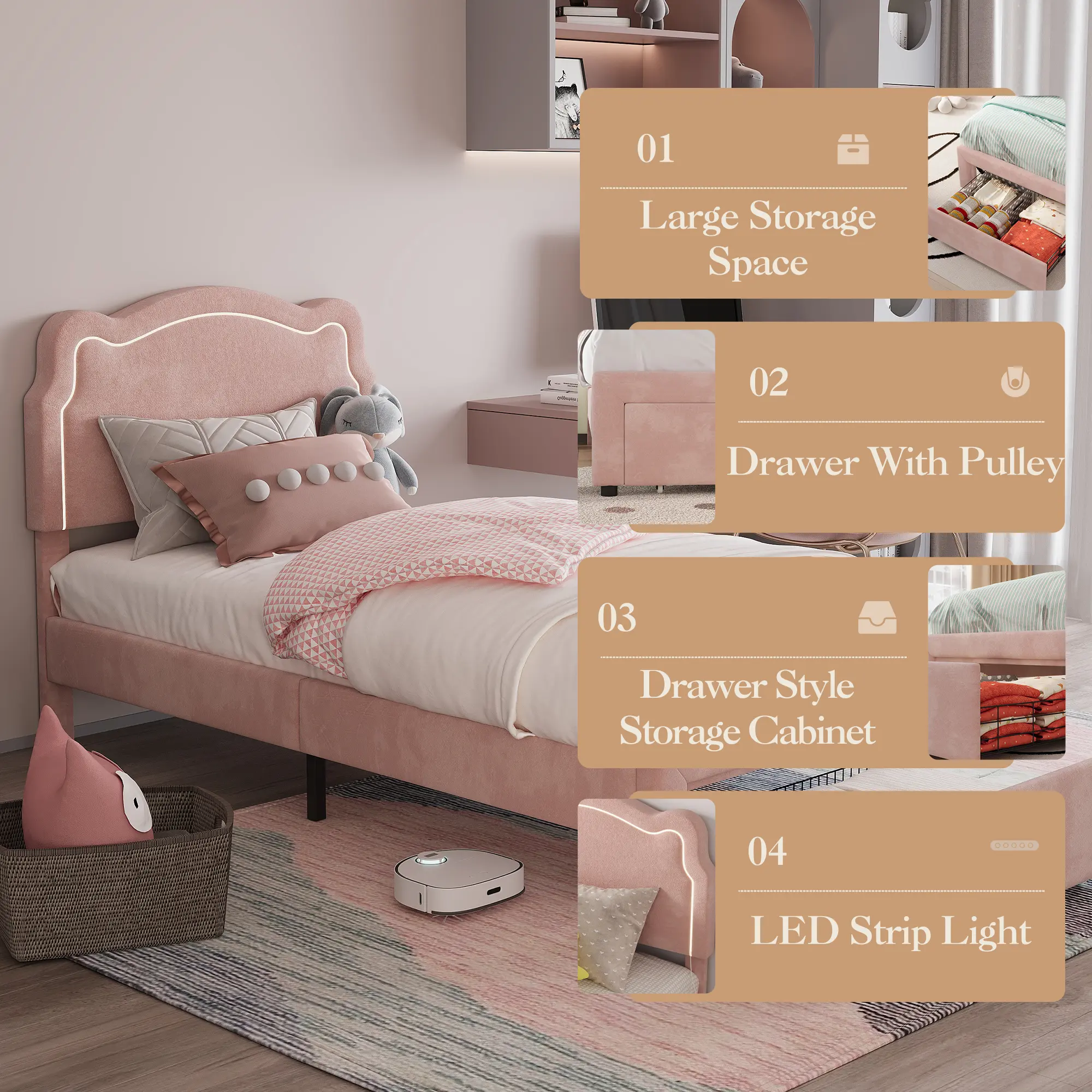 Pink velvet 2-TWIN With drawer