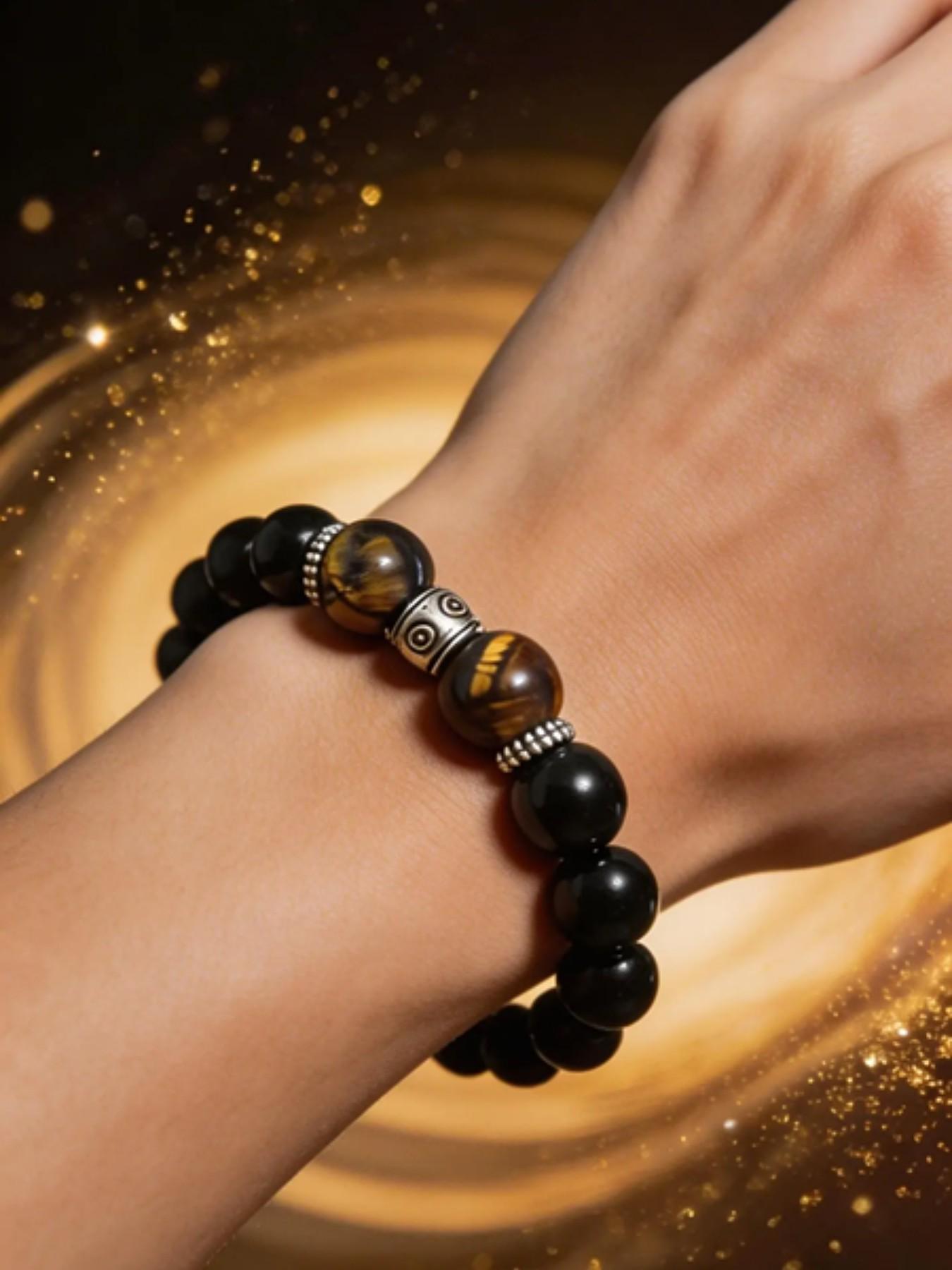 Men's Natural Tiger Eye & Obsidian Bracelet, Silver Color Plated, Handmade Premium Healing Stone, Gift Box Included