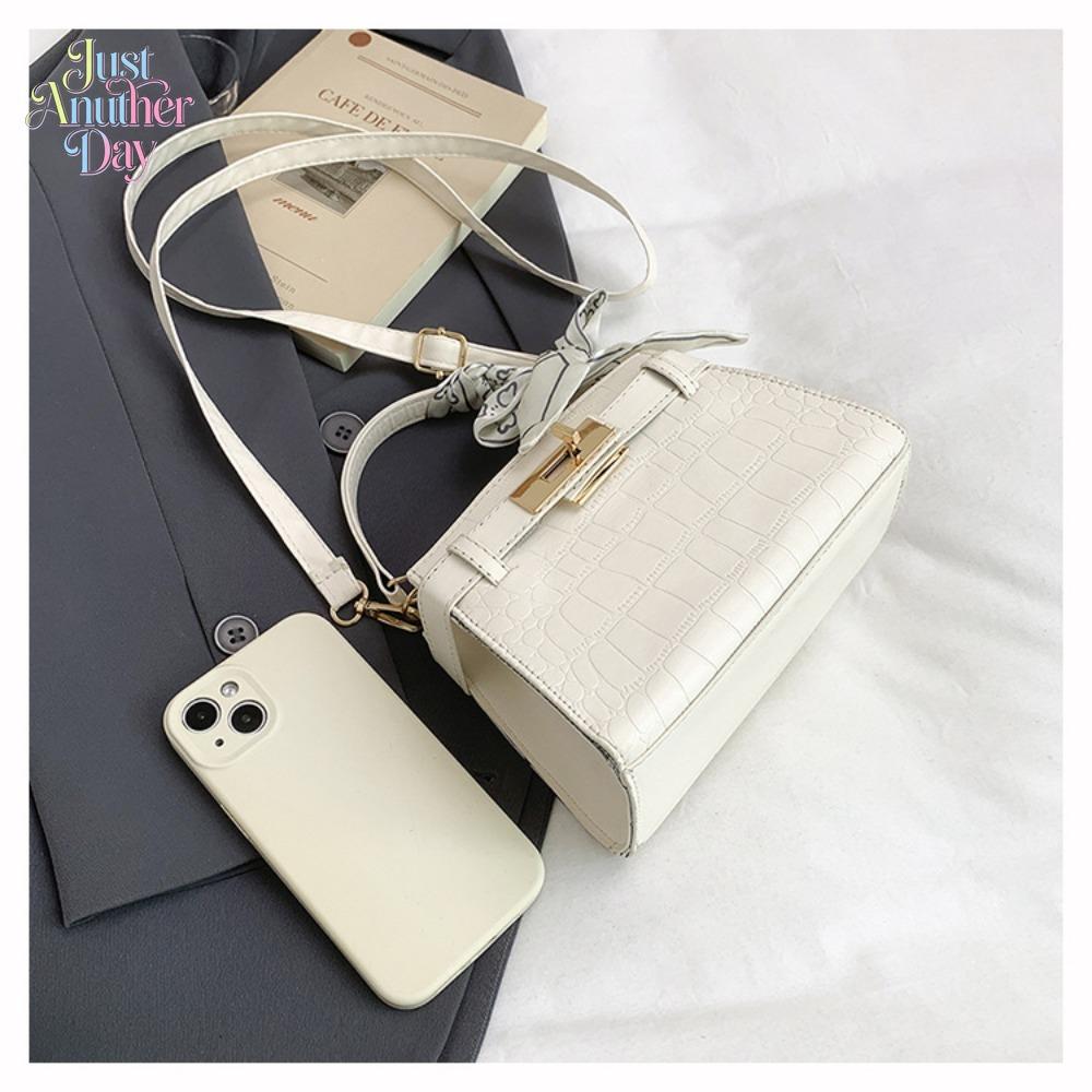 Pink Croc-Embossed Mini Kelly Style Handbag, Elegant French-Inspired Crossbody Bag with Twilly Scarf, Compact & Chic Satchel for Daily Commute