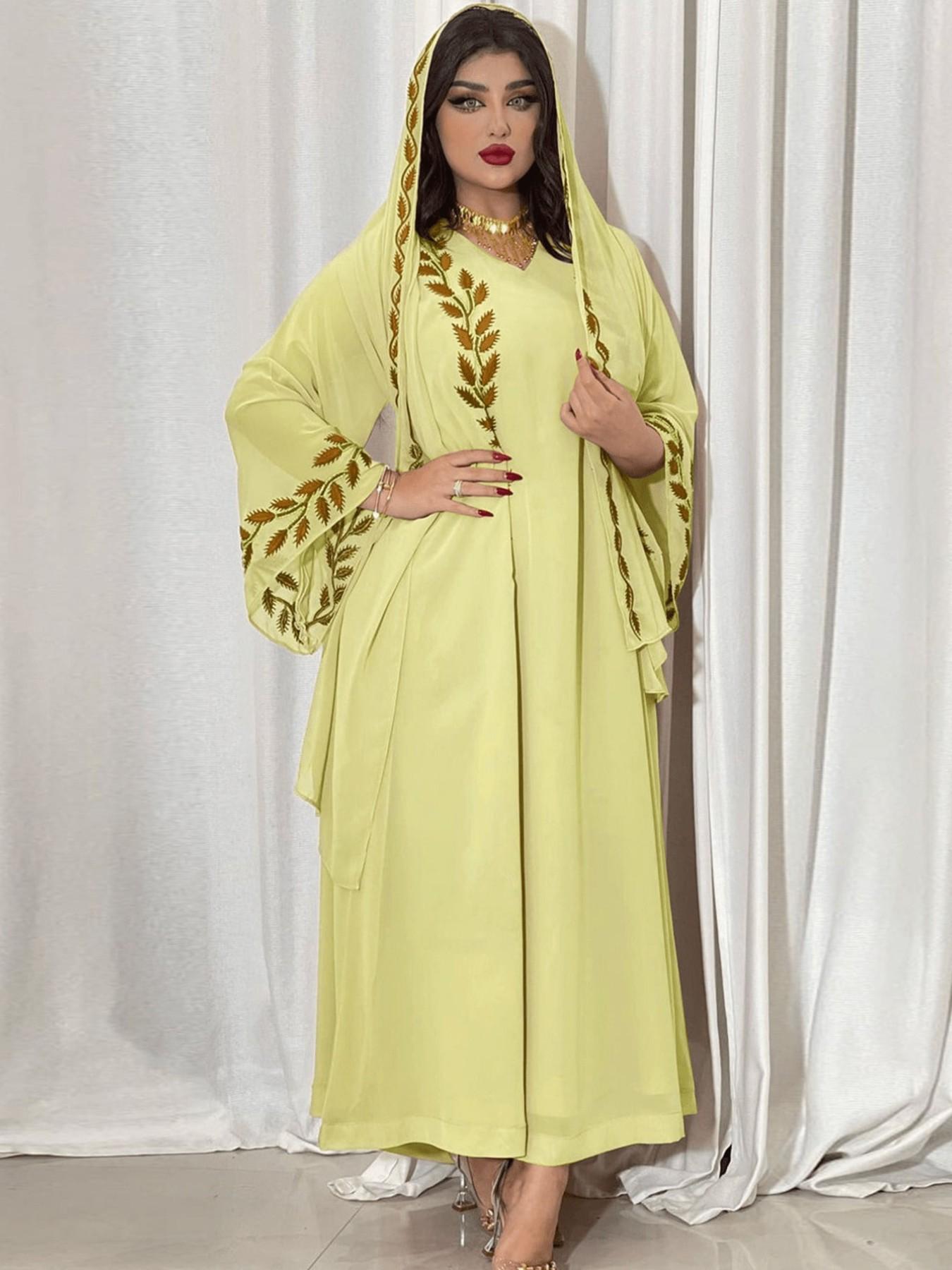 Hafizah Women's Long Ethnic Print Kaftan Dress, Leaf Print, V Neck, Flared Sleeves, Loose-Fit, All Seasons, Elegant Muslim Kaftan Dress Islamic Clothing, Party & Casual Wear