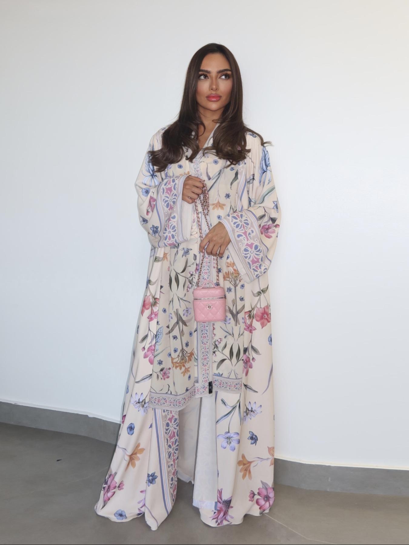 Muslim Women's Abaya Set with Hijab, Elegant Simple Floral Print Long Robe Jacket, Casual Party Beachwear, All Seasons Wear