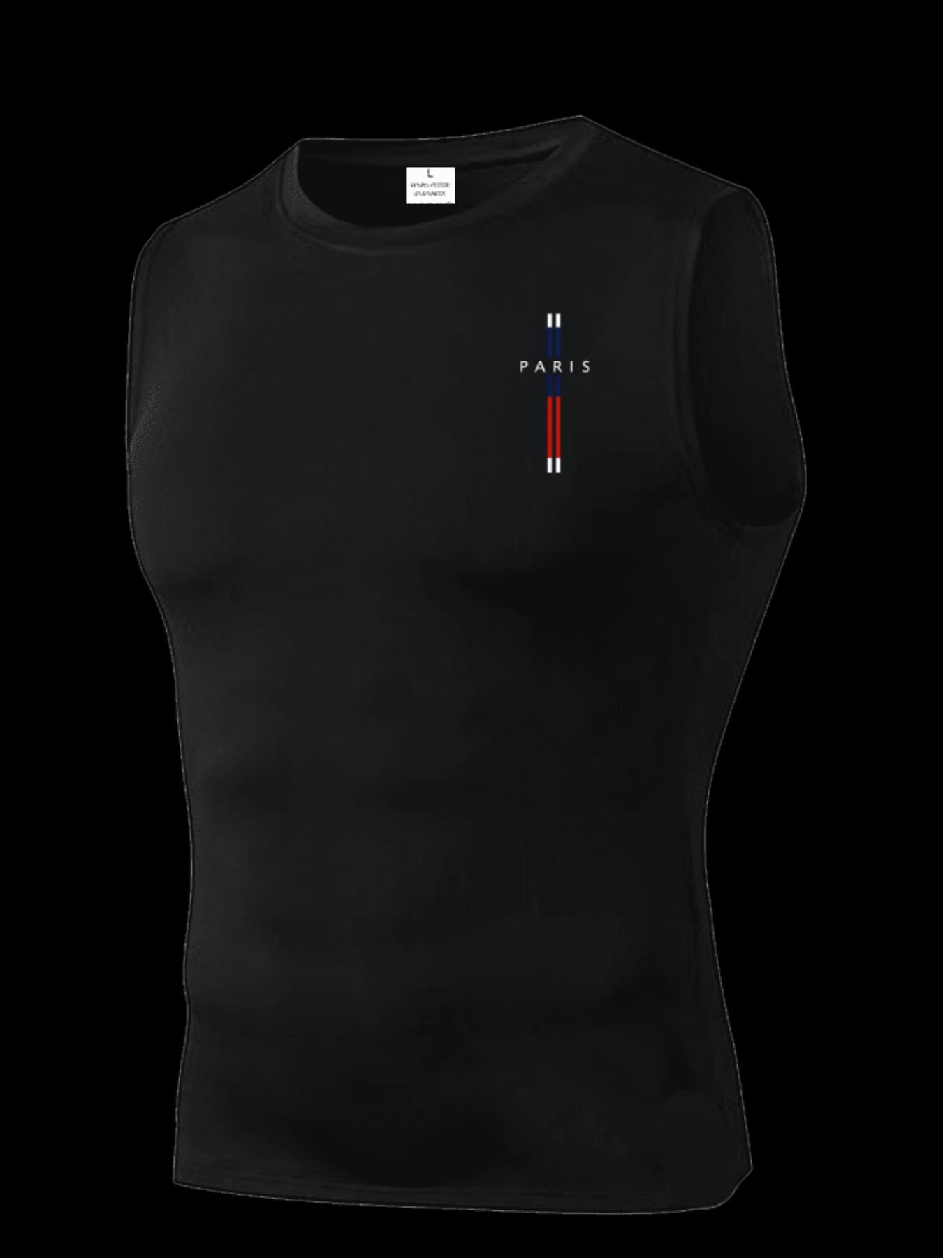 Men's Short Sleeve Sporty Tee, Quick-Dry Breathable Fabric, Paris Pattern, Slim Fit, High Elasticity, Ideal for Gym, Running, Boxing