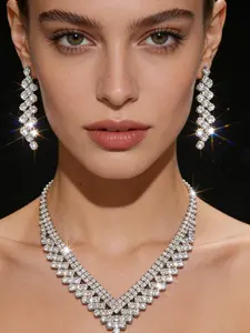 Vintage Luxurious Full Diamond V-Neck Necklace Earrings Set, Bride Wedding Dinner Elegant Accessories, Casual All Seasons Style