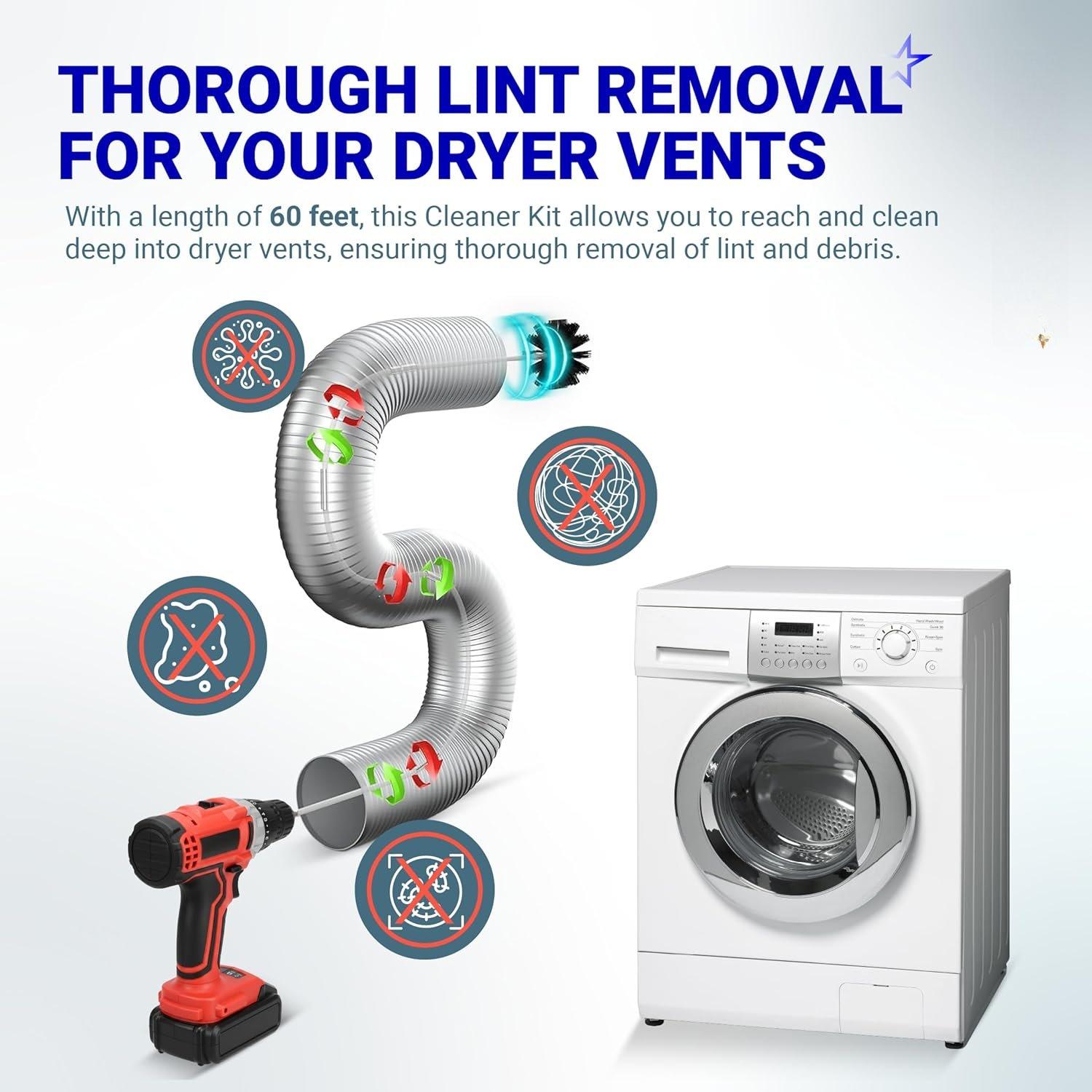 Upgraded 60- Dryer Vent Cleaner Kit with Drill Attachment - Flexible Lint Remover Brush, Extends Up to 60 ft, Works with or Without Power Drill