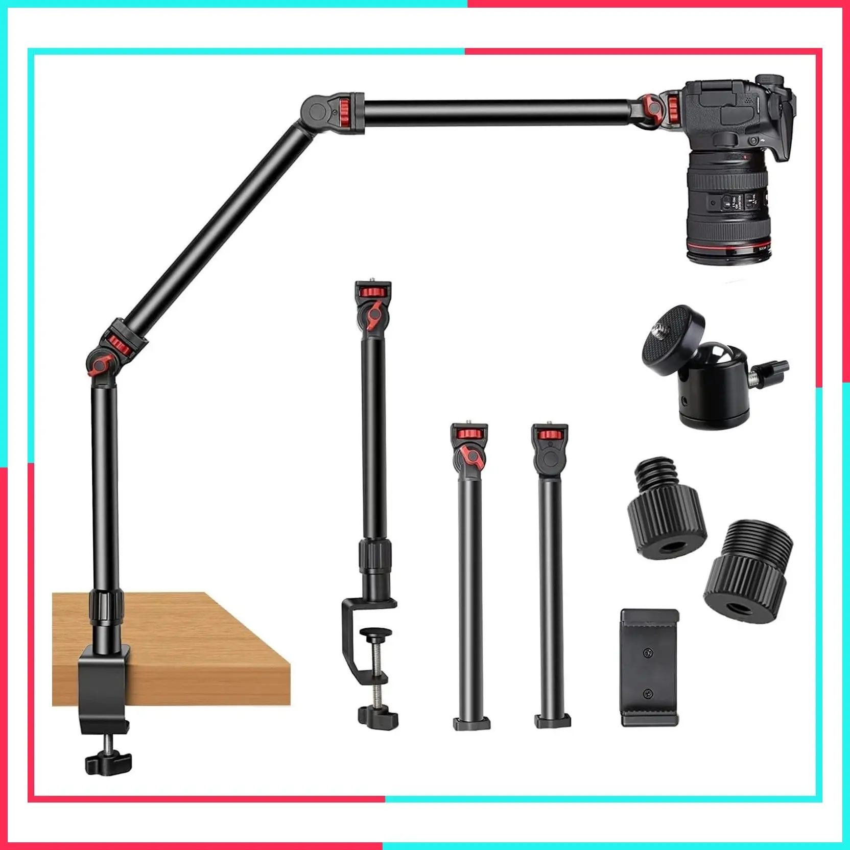 Overhead Camera Mount Desk Stand, 3-Section Detachable Articulating Arm