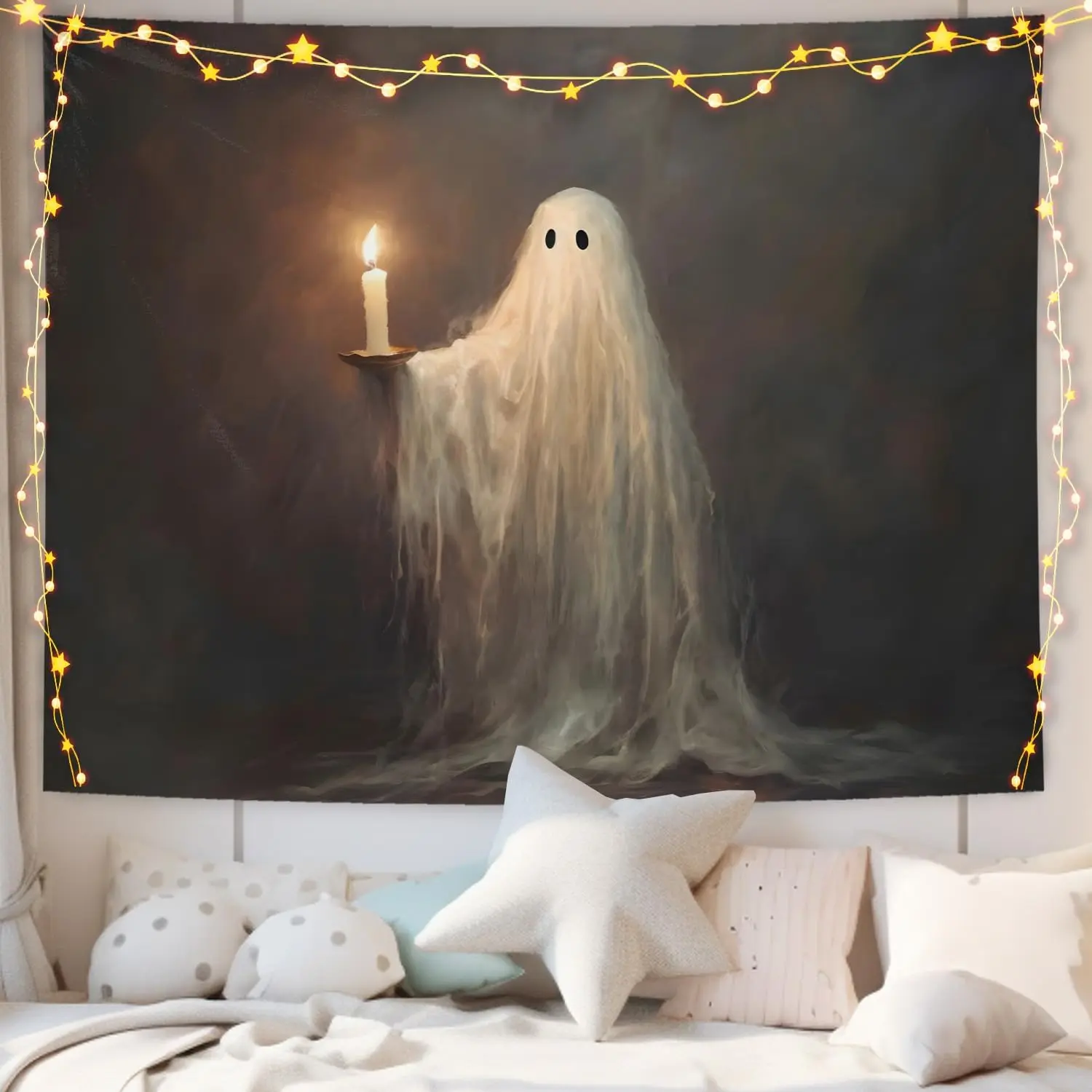 Halloween Tapestry, Dark Academia Spook Ghost Tapestries Wall Hanging for Bedroom, Gothic Ghost Holding Candle Tapestry Wall Decor Backdrop for Living Room Home, 50x60 Inch