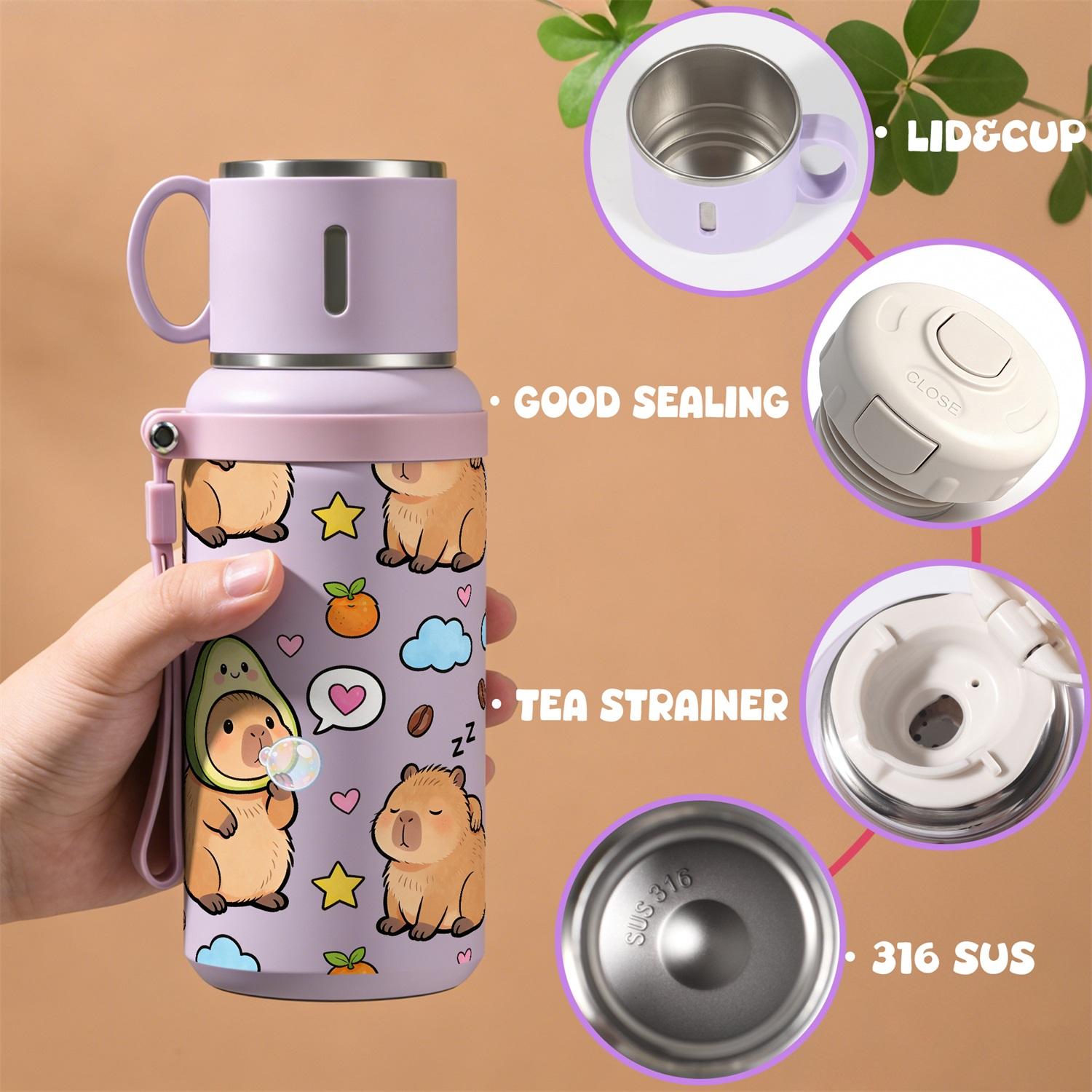 1PC, 20oz Insulated Stainless Steel Water Bottle, Vacuum Flask with Cup Lid That Doubles as Handle Cup, Double Wall Insulated Travel Mug, Cute Capybara Aesthetic Design, Portable for Outdoor Hiking Gym, School Office