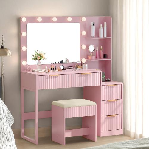 Ktaxon Pink Modern Fluted Makeup Vanity Desk with Mirror Lights Power Outlet 7 Drawers 4 Shelves Charging Station for Bedroom
