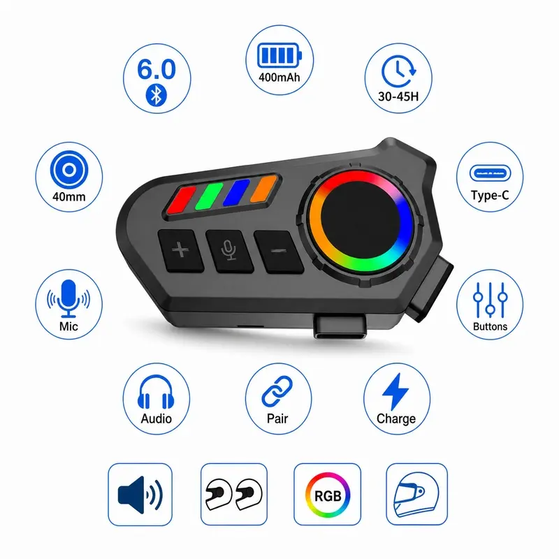 Bluetooth Motorcycle Helmet Speaker with Ambient Light, Bluetooth 5.0 Helmet Headset featuring 40mm Driver, Voice Assistant, IP65 Protection and Split Installation