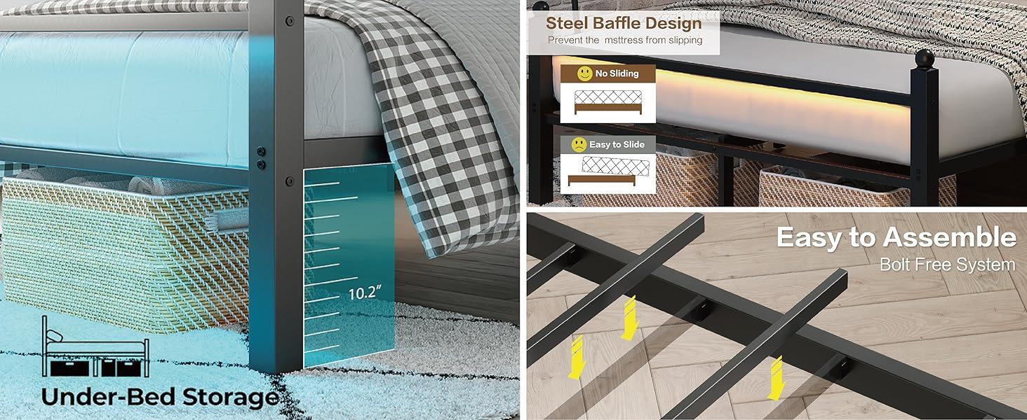 Modern Metal Bed Frame w/ Headboard + Footboard | Charging Station & LED Lights