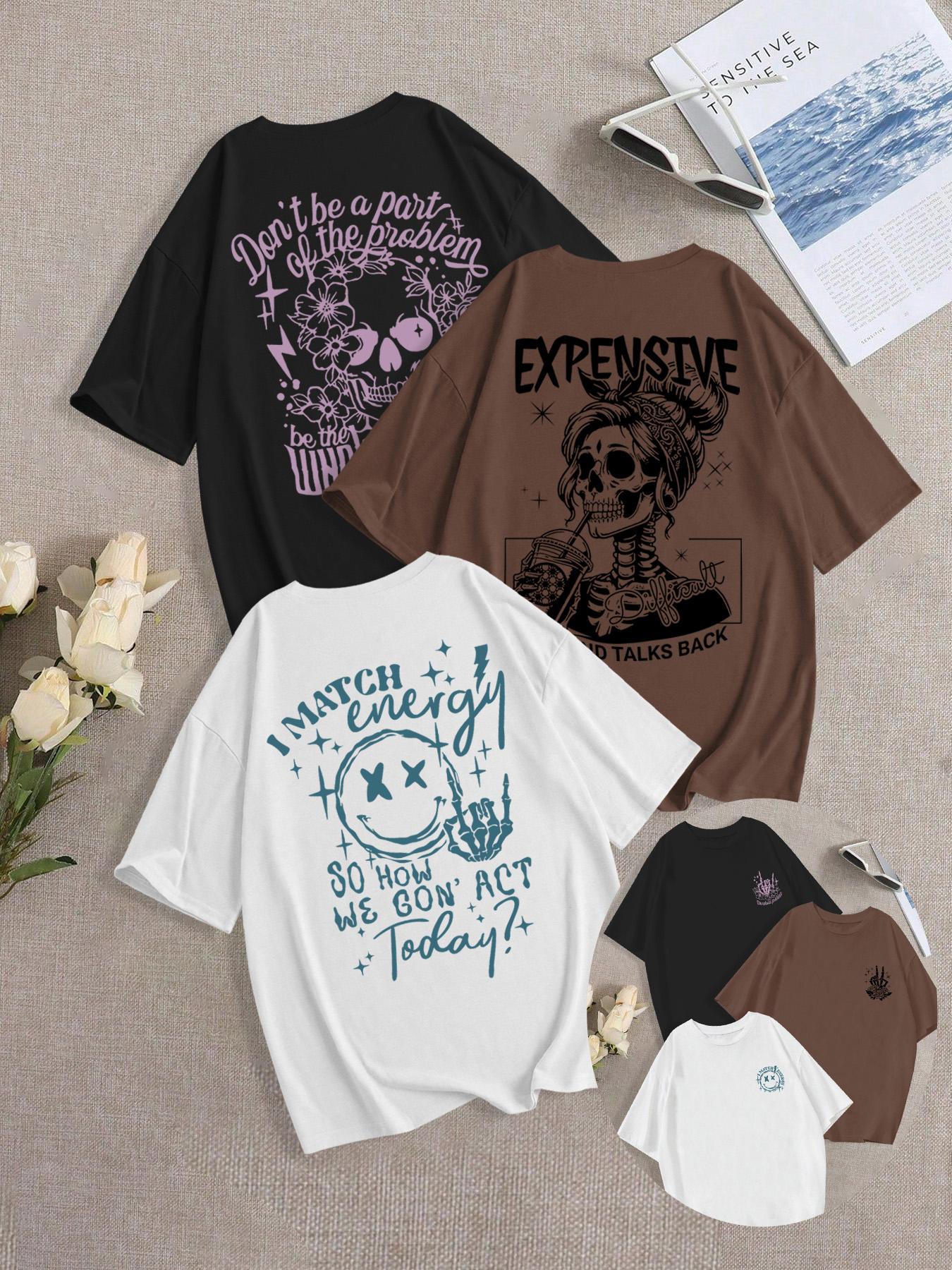 Breathable Soft Casual Streetwear Loose-Fit Round Neck Skull Girl Print Knit T-Shirt Set, Summer Fashion Comfortable Versatile Everyday Graphic Top, Pack of 3, Casual Everyday Tops