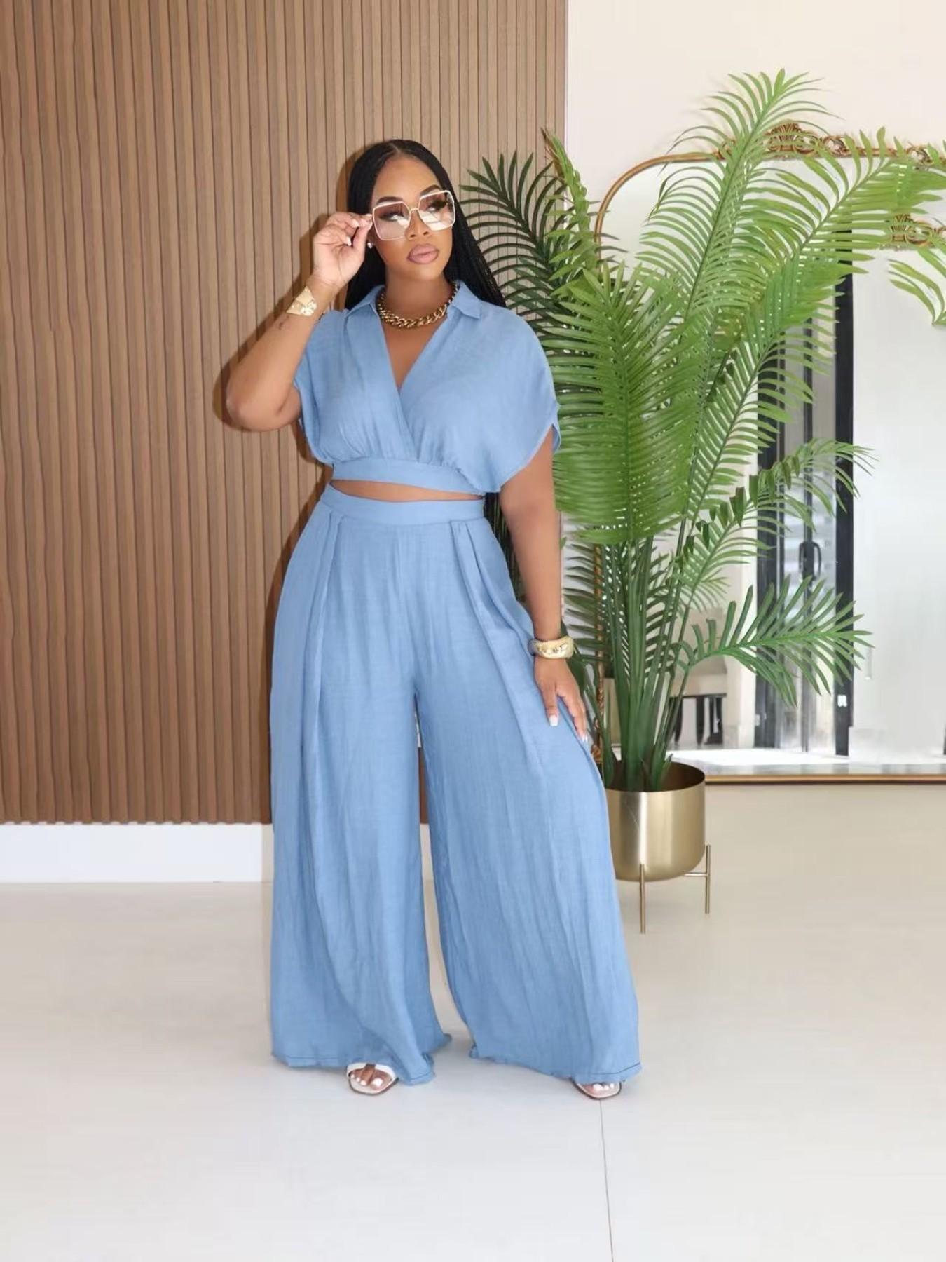 Women's Casual Vacation Chic Style Loose Collared Vneck Short Top and High Waist Wide Leg Pants Set, Comfortable and Stylish for Relaxing Days