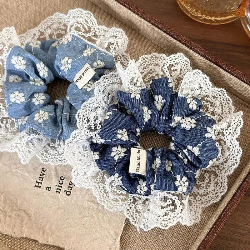 14cm Summer Denim Blue Embroidered Flowers Lace Scrunchies for Women Girl Sweet Lovely Head Rope Female Hair Accessories