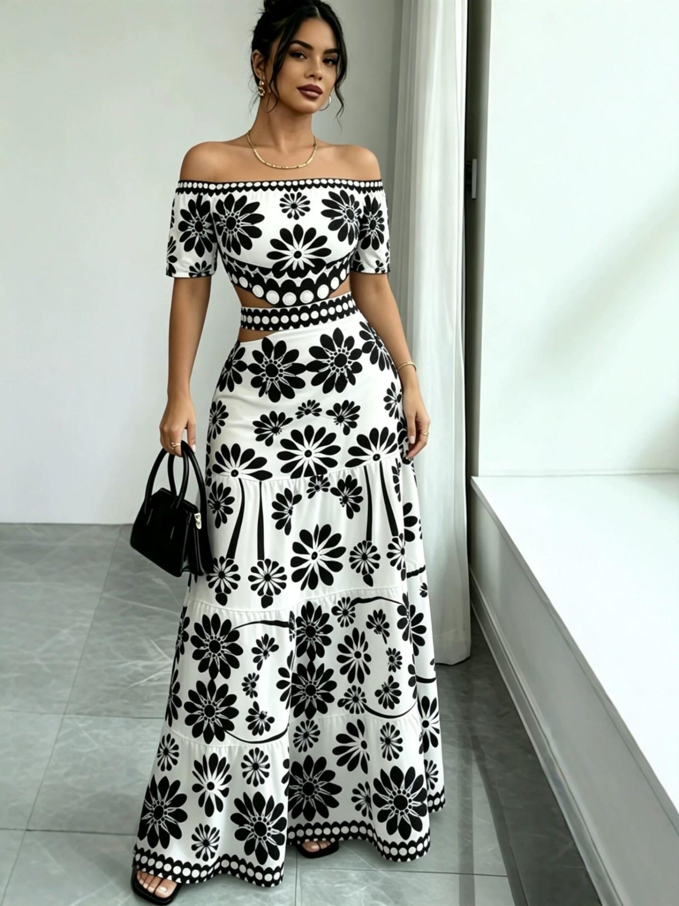 Women's Floral Off-Shoulder Dress, Sleeveless Hollow Out Waist, Casual Bohemian Style, All Seasons, Tropical Vacation, Long Dress for Summer
