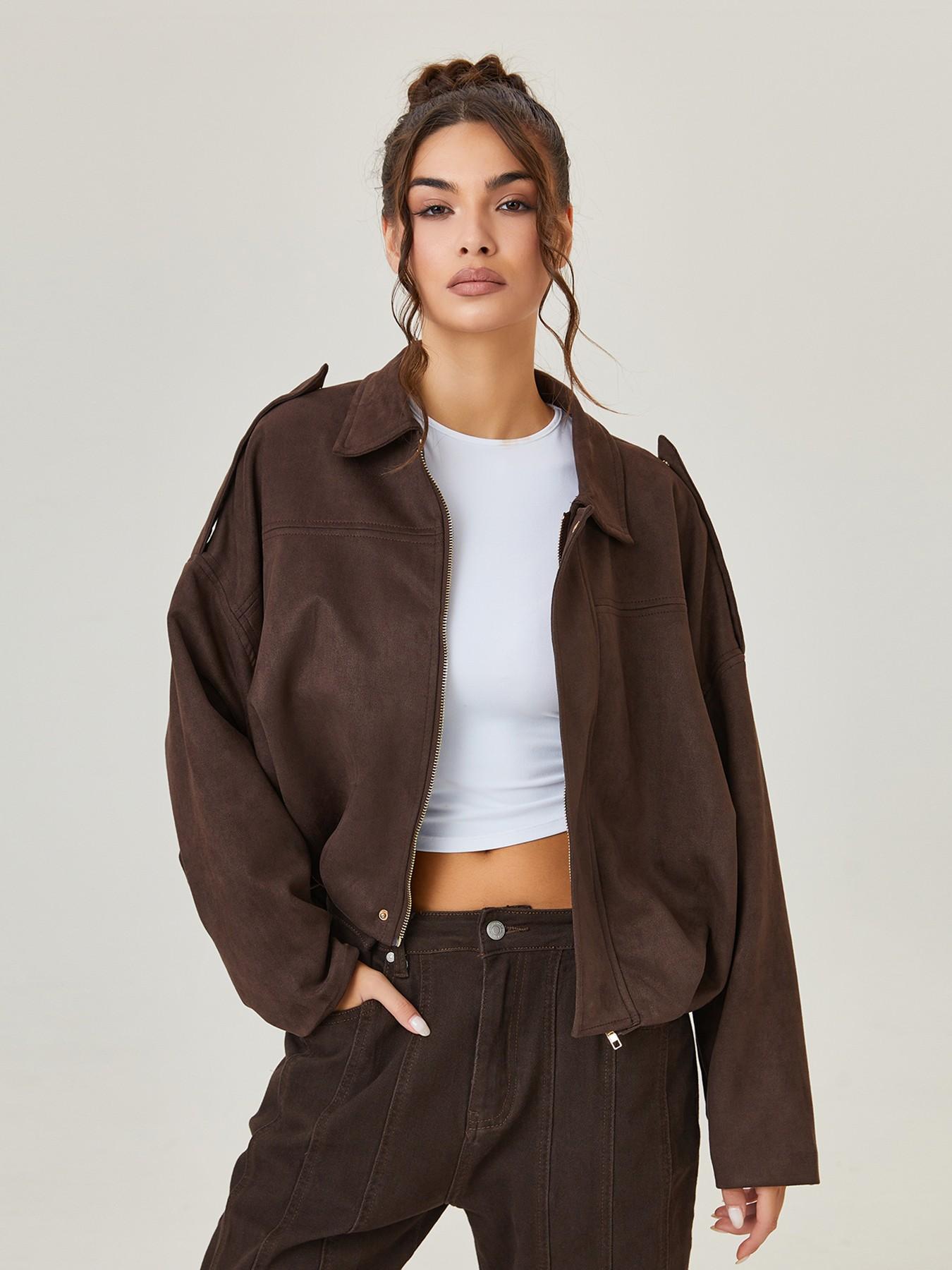 Women's Faux Suede Cropped Casual Jacket, Lapel Collar Loose Drop Shoulder Zip Up Casual Outerwear