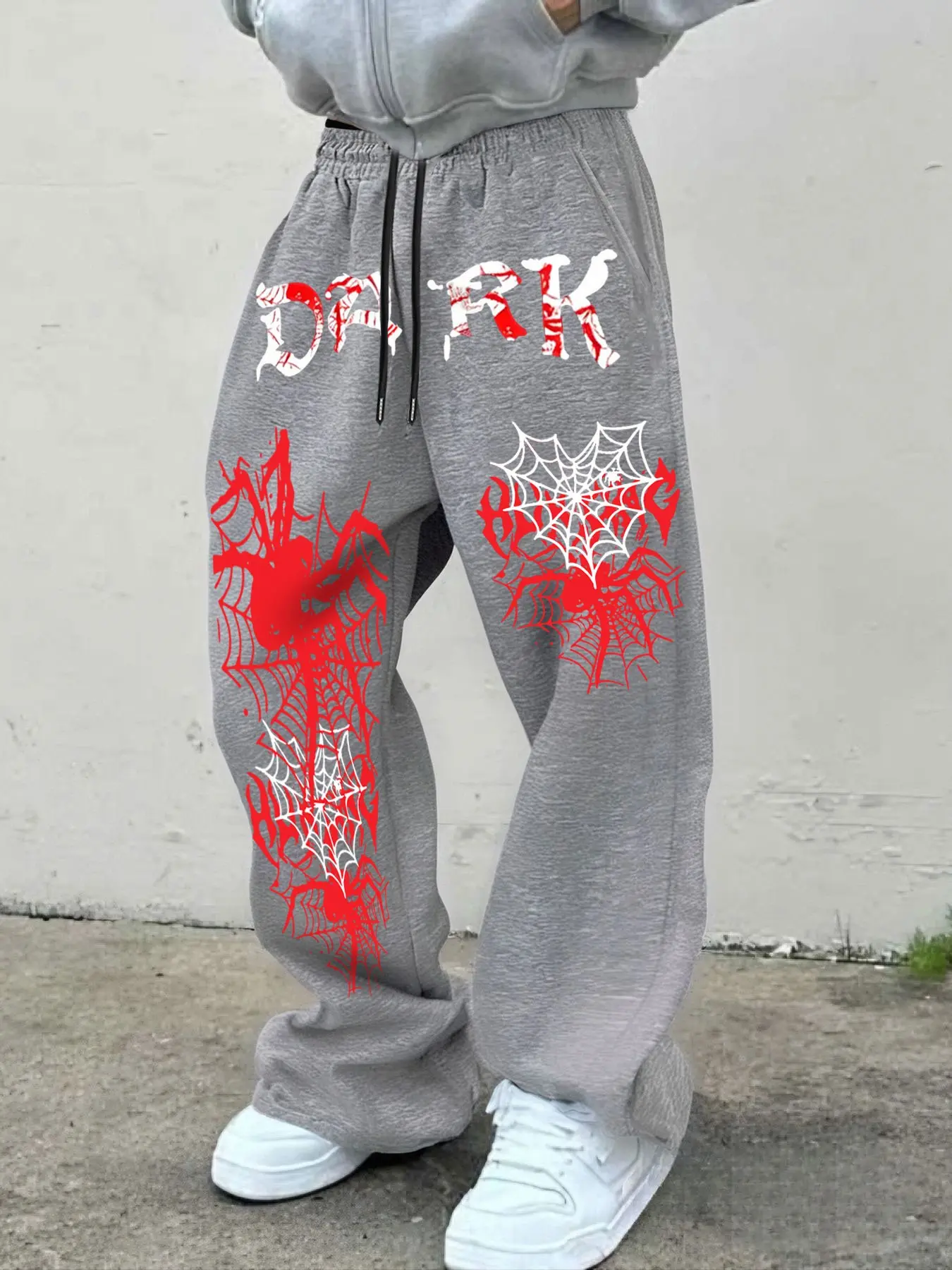 Dark Street Style Spider Web Print Wide Leg Sweatpants, Gothic Dark Font Design, Loose Fit, Trendy Streetwear for Daily