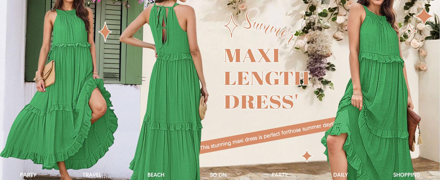 【ETCYY】Women's Loose Flowy Halter Boho Maxi Sundress – Summer Outfits with Ruffle Hem for Beach, Prom, or Casual Brenay Court Style – Sleeveless, Waisttrainer-Friendly, Light Blue Minimalist Basic Womenswear