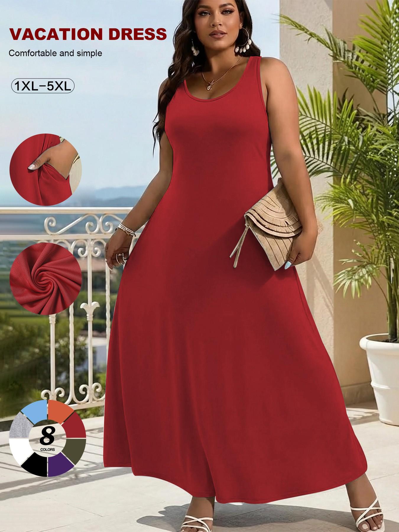 2026 Women's Plus Size Sleeveless Maxi Dress, Sexy Scoop Neck A-Line Vacation Dress, Summer Tummy Control Beach Cover Up with Pockets