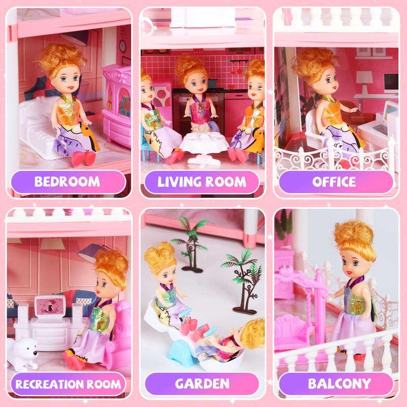 16 Rooms Huge Dollhouse, 10" x 6" x 11" Doll House ,Pink Pretend Play Toy House For Girls 16 Rooms Huge Dollhouse, 10" x 6" x 11" Doll House ,Pink Pretend Play Toy House For Girls