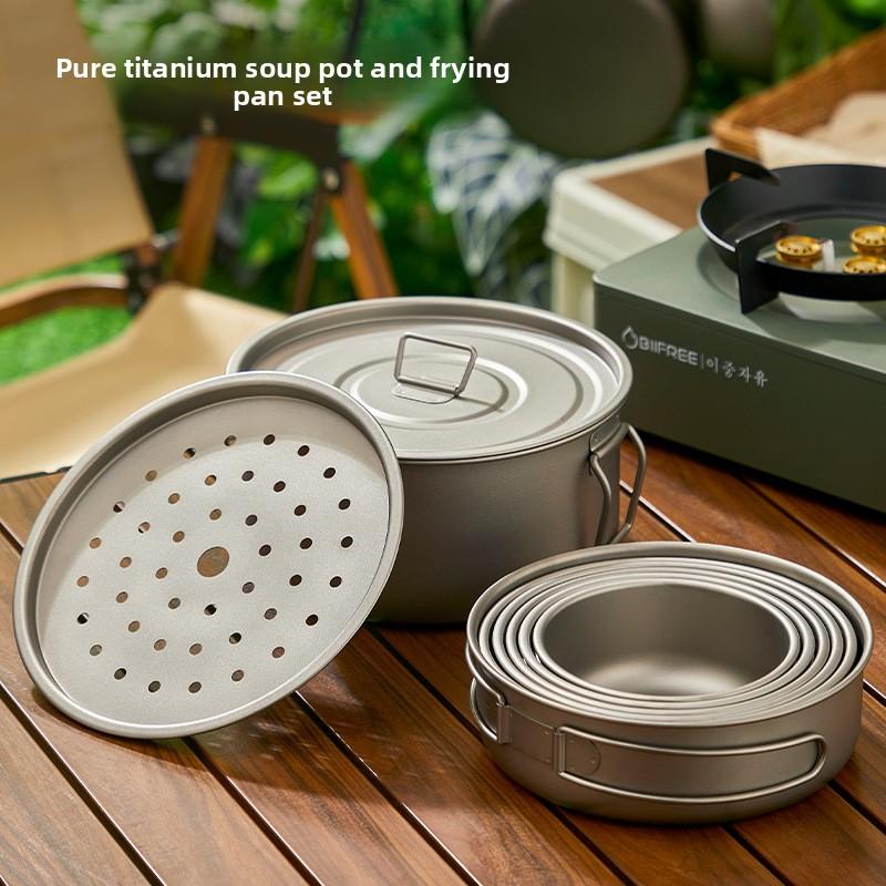 Pure Titanium Camping Cookware Set Foldable Lightweight Outdoor Pot Pan for Backpacking Hiking Picnic Cooking with Soup Frying Pot