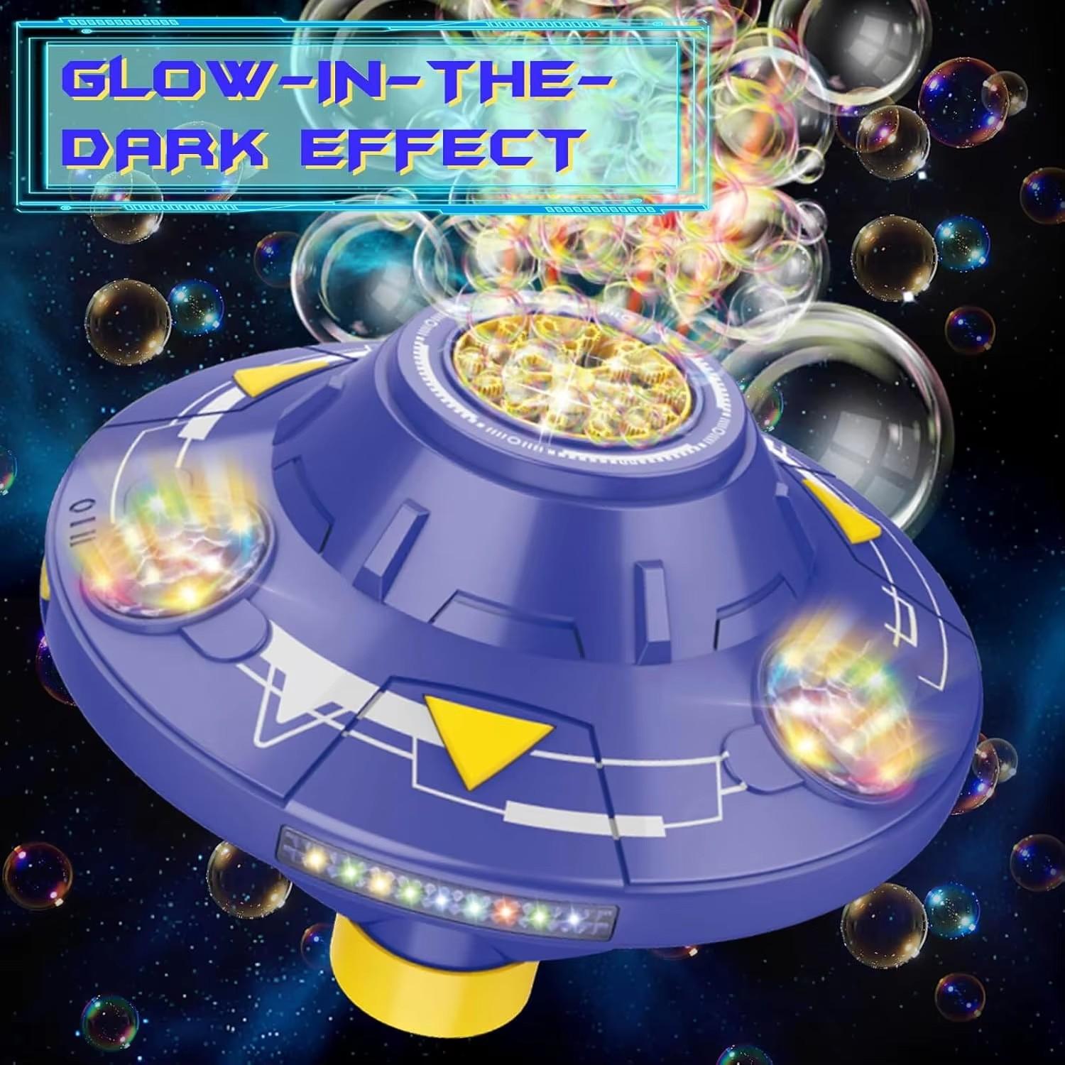 80ml Electric Flying Saucer Automatic Bubble Machine with Rotating Bubble Gun, LED Light for Outdoor Games, Obstacle-Avoiding Flight Suitable for Disc Outdoor Spring Outings, Easter, Birthday Parties