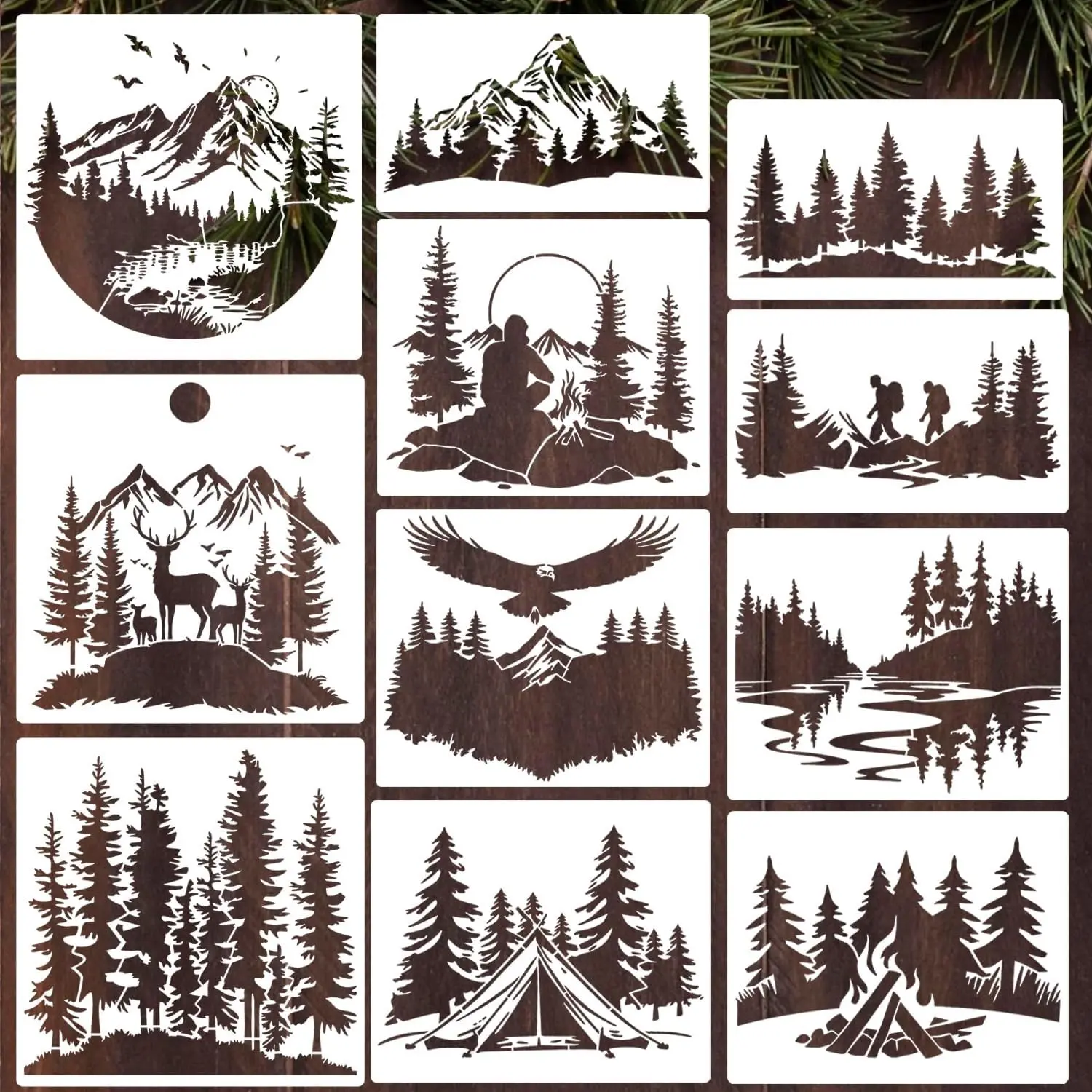 Mountain Tree Stencils for Painting Forest Animal Stencils for Wood Burning | 12” Reusable Pine Tree Stencil Drawing Templates for Wood T-Shirt Fabric DIY Crafts