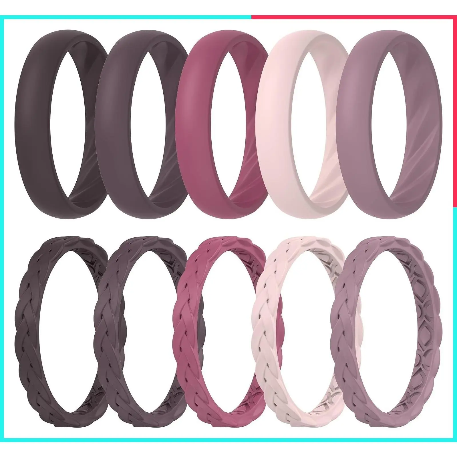 Women's Silicone Rings Set - Braided & 4mm Classic, 1.9mm Thick Rubber Engagement Rings Combo